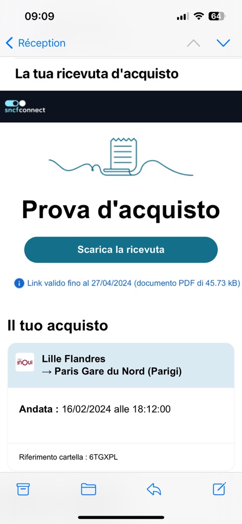Schermata che mostra l'e-mail utilizzata per scaricare la prova d'acquisto 